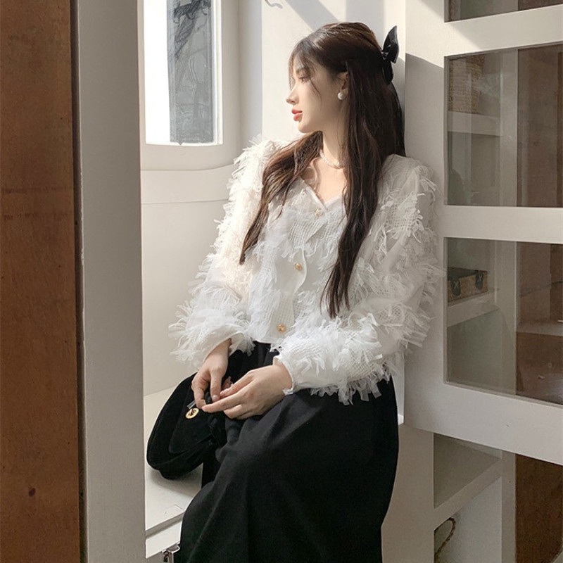 Áo Kiểu Tay Dài Phối Tua Rua Thiết Kế Hợp Thời Trang