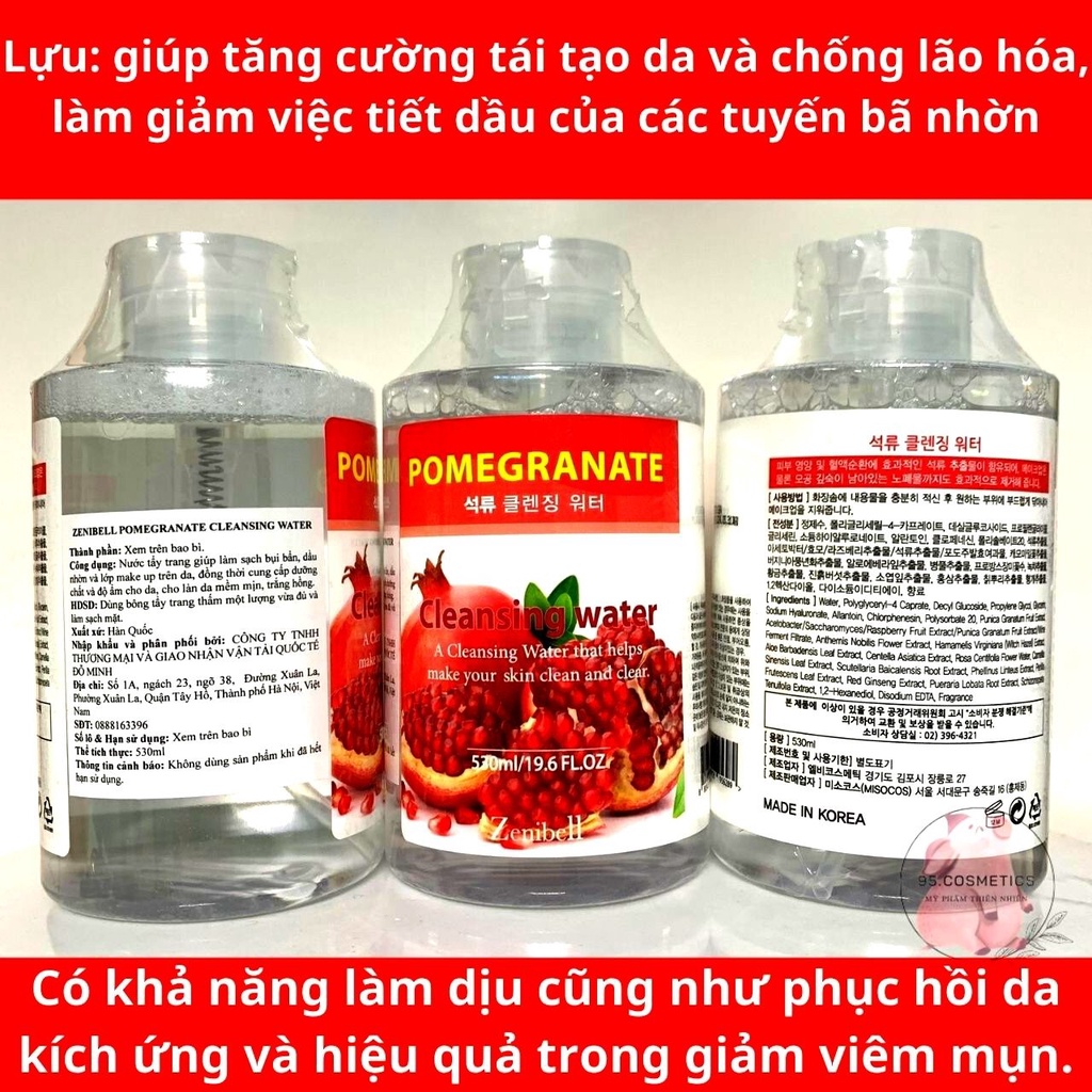 Nước Tẩy Trang Zenibell Lựu Pomegranate   530ml, Dành Cho Da Dầu, Da Mụn, Không Chứa Cồn Làm Sạch Sâu Mắt Môi