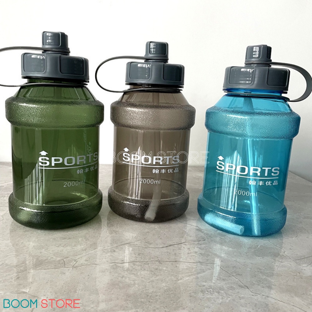 Bình nước thể thao 2 lít bằng nhựa chia vạch có ống hút cute Boom Store