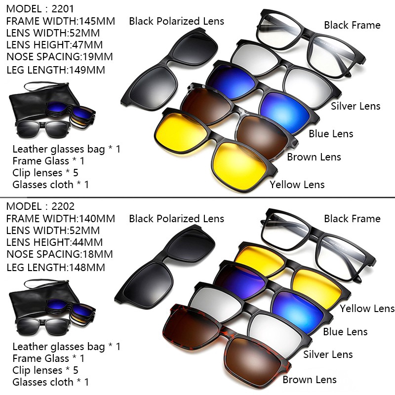 Bộ kính râm gọng tròn kèm 5 tròng phân cực nhiều màu sắc đa dạng