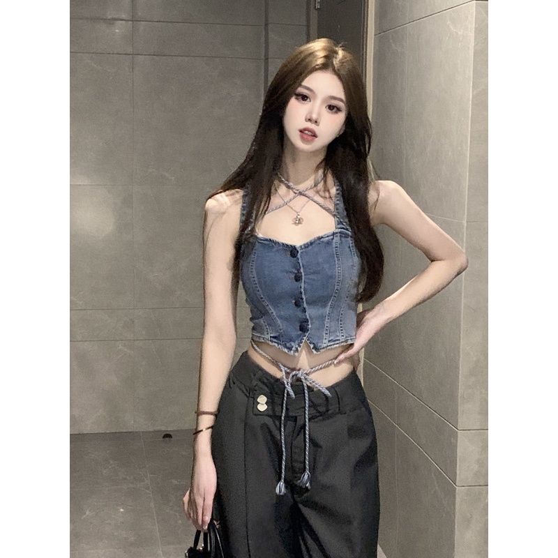Áo Denim Hai Dây Buộc Dây Màu Trơn Phong Cách Mới Mùa Hè Chất Lượng Cao Cho Nữ