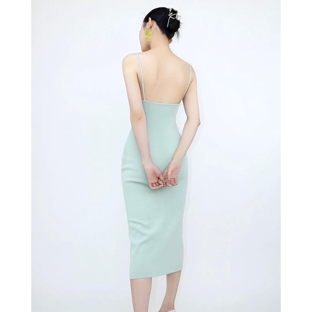 SALE Đầm 2 dây cổ yếm khoét lưng dệt kim màu pastel mùa hè