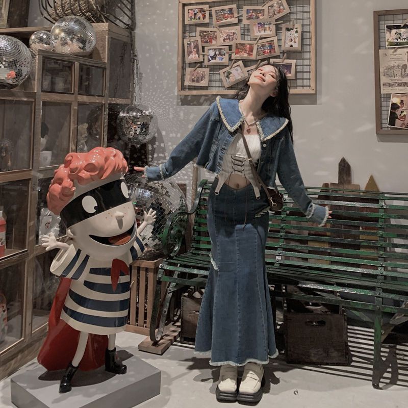 IMAODOU Bộ Áo Khoác + Chân Váy Xẻ Tà Xinh Xắn Theo Phong Cách Mùa Thu Retro Dành Cho Nữ