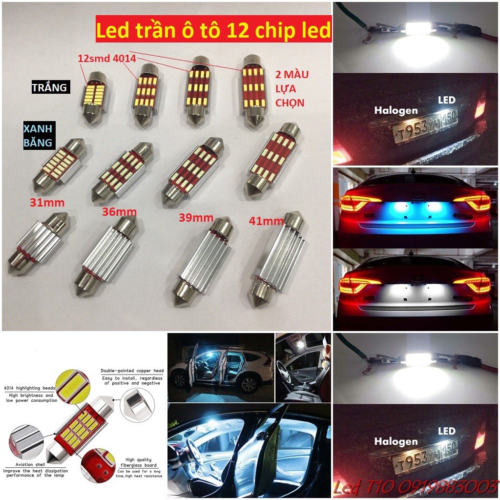 1 bóng led trần ô tô 12smd 4014 ánh sáng xanh băng, trắng