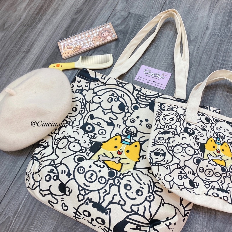 Túi tote túi xách dễ thương kiểu Hàn Quốc hình Corgi cục xương - Ảnh thật shop chụp