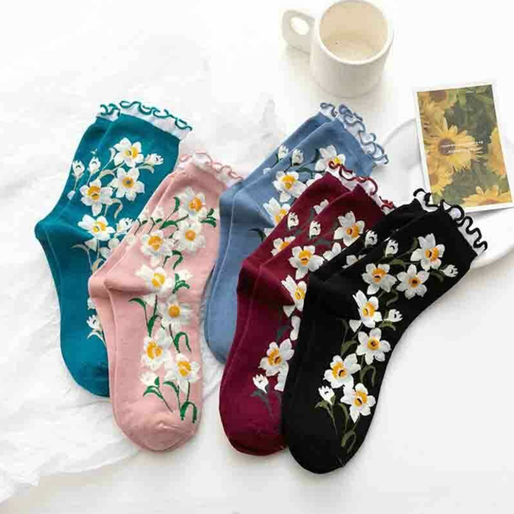 Vớ Cotton Cao Cổ In Họa Tiết Hoa Xinh Xắn Dành Cho Nữ