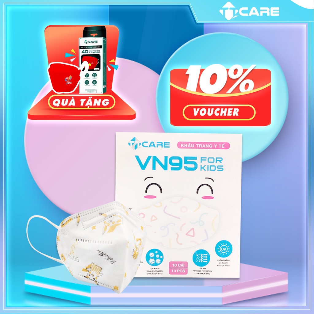 COMBO 5 Hộp khẩu trang y tế trẻ em VN95, khẩu trang cho bé in hình hoạ tiết dễ thương (2-6 tuổi) chính hãng TTCare