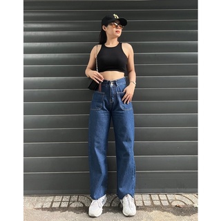 Quần jean nữ ống rộng cạp lưng cao 2 túi trước dáng ống suông chất bò dầy dặn trẻ trung LX006