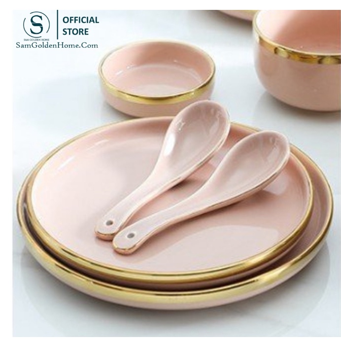 Bát Ăn Cơm Bộ Bát Đĩa Sứ Decor Màu Hồng Bán Lẻ. chén đĩa ăn cơm màu hồng
