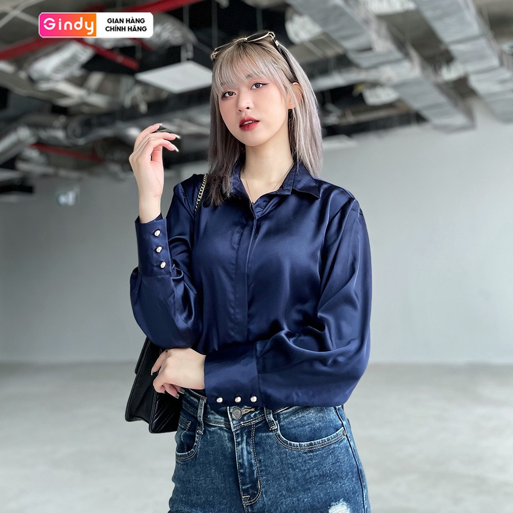 Áo sơ mi nữ form rộng màu xanh cổ đức vải lụa mềm GINDY basic sơmi công sở, sinh viên học sinh A10026