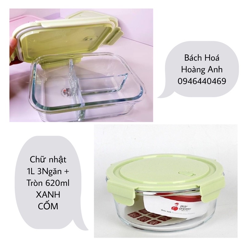 Bộ Hộp Cơm Văn Phòng Xanh Cốm - Hộp 1L Chữ Nhật 3 Ngăn + Hộp 620ml Tròn - Thuỷ Tinh Chịu Nhiệt, Chống Tràn