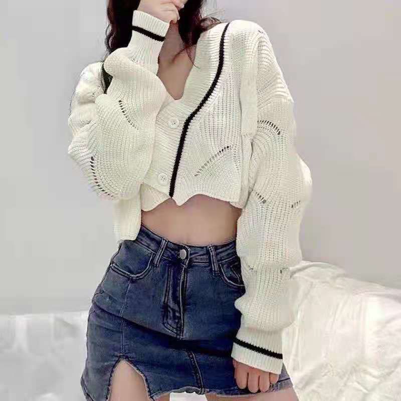 Áo cardigan RENJIANVSHENG tay dài cổ chữ V dệt kim dáng ngắn phong cách Hàn Quốc retro thời trang dành cho nữ