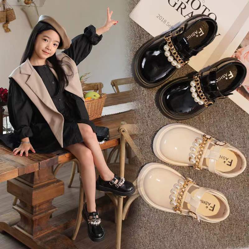 Giày búp bê Mary Jane đế mềm phối dây xích ngọc trai giả thời trang cho bé gái 2022