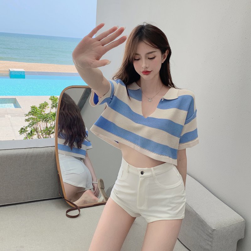 Cocory vn Áo croptop cổ chữ V dệt kim họa tiết kẻ sọc trẻ trung xinh xắn cho nữ