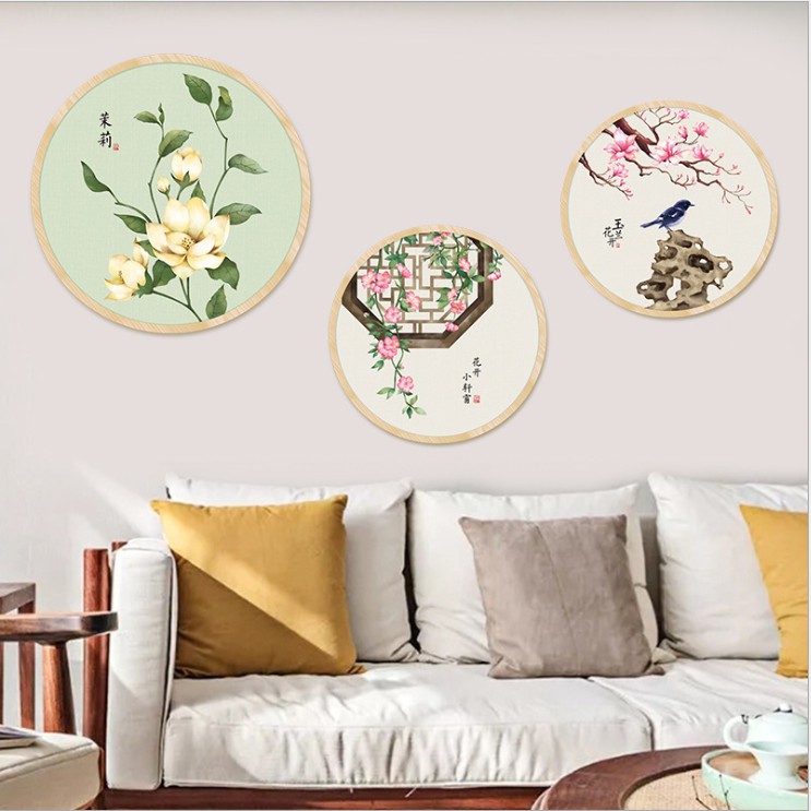 [SỈ] Decal dán tường 3D ⚡ FREESHIP ⚡ Khung tròn Hoa và chim thủy mặc AmyShop