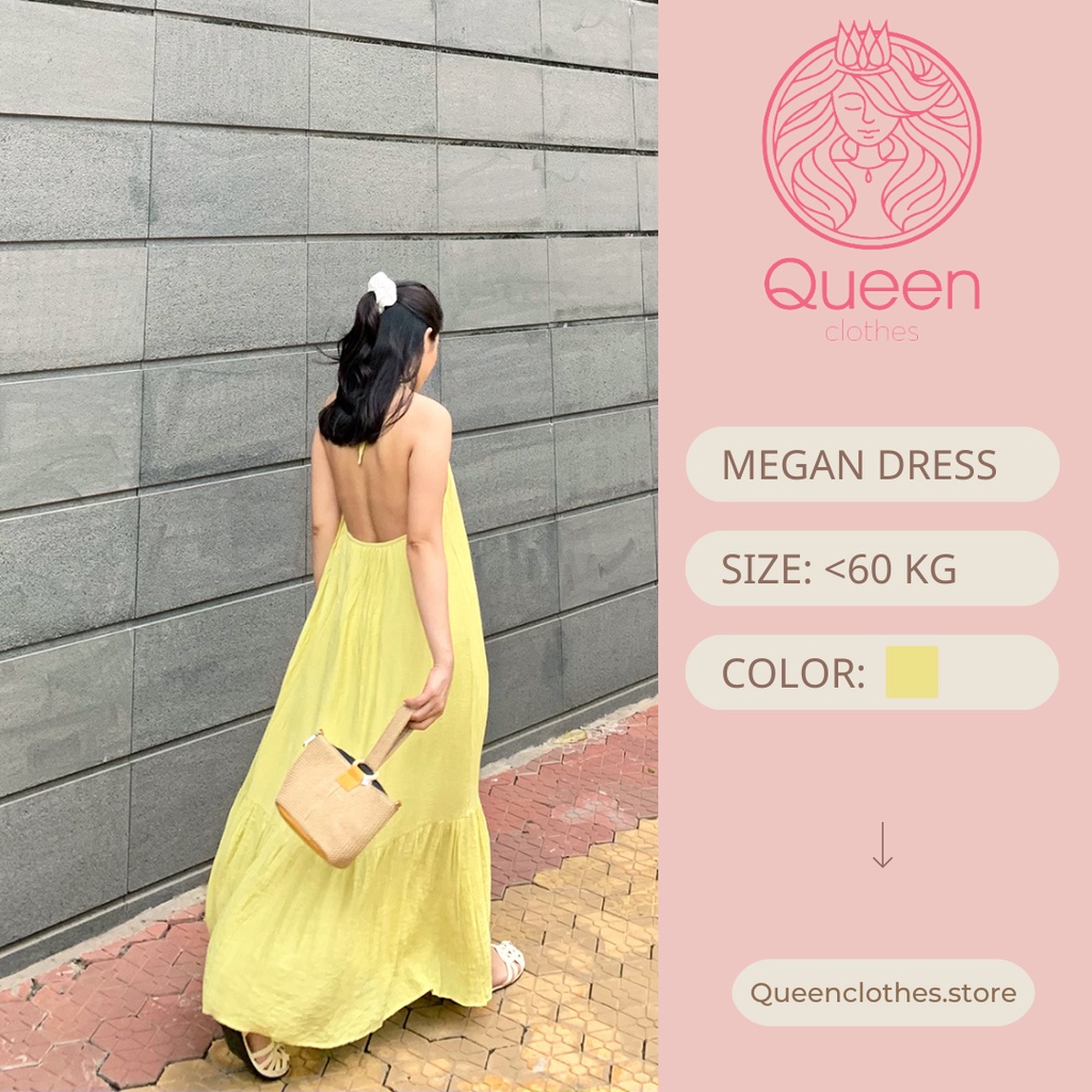 Đầm maxi đi biển QUEEN cổ yếm, hở lưng chất tơ đũi cao cấp siêu mát, vàng nhẹ nhàng - MEGAN DRESS QD001