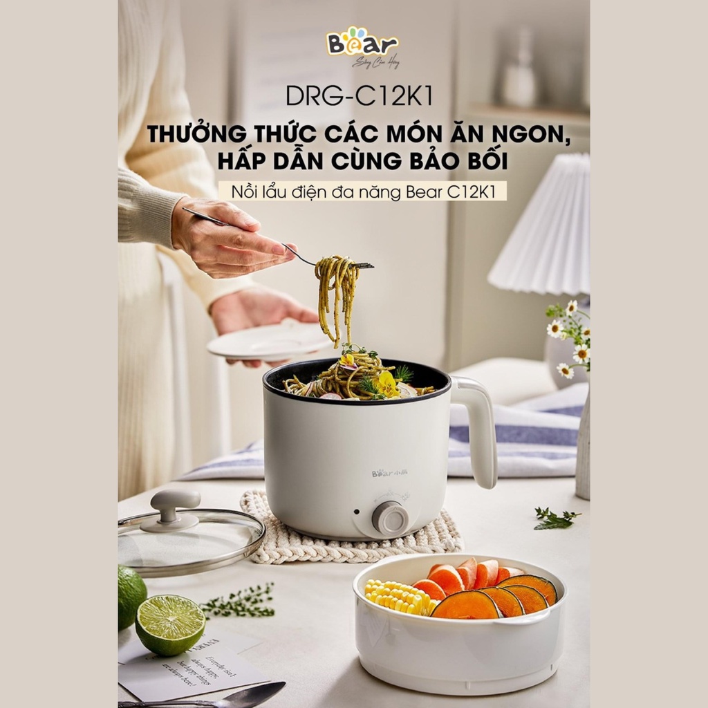 (BH 18 Tháng) Nồi Lẩu Điện Đa Năng Bear C12K1 Nồi Nấu Lẩu Mini, Nồi Nầu Mỳ, Xào Rán Đa Năng