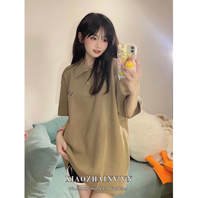 Áo Polo Nâu Tay Ngắn Dáng Rộng Thêu Chữ Phong Cách Vintage Thể Thao Hàn Quốc Có Cổ Đủ Size Phom Unisex
