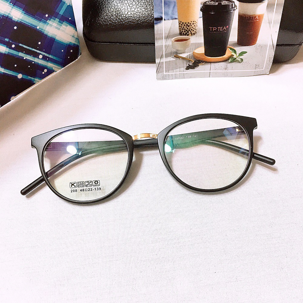 [Gía siêu rẻ]  Gọng kính cận tròn 208 đã đeo là XINH -Nhận Cắt Mắt-Tặng kèm hộp+khăn+Chai nước lau kính