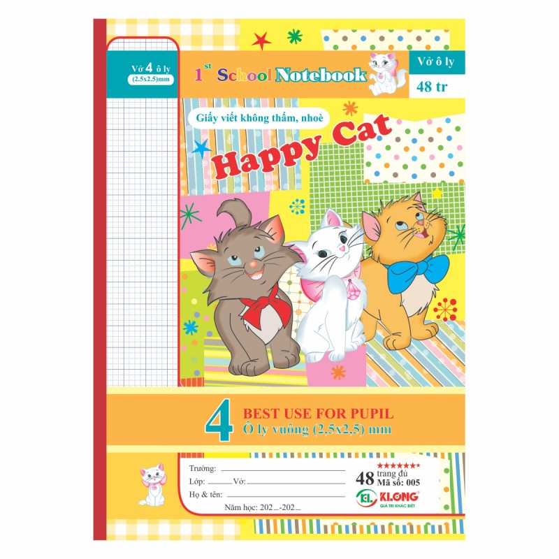 Combo 5 quyển Vở ô ly Happy Cat - 48 trang KLONG MS: 005