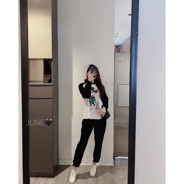 Set bộ đồ nữ áo thun dài tay cổ tròn và quần bo gấu hình micky siêu xinh