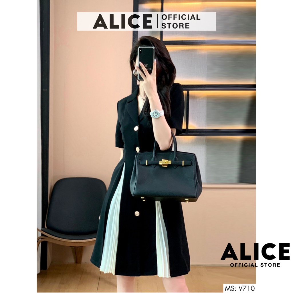 Đầm Công Sở Cổ Vest Phối Dập Ly ALICE V710, Váy Đen Thiết Kế Tôn Dáng Sang Trọng | BigBuy360 - bigbuy360.vn