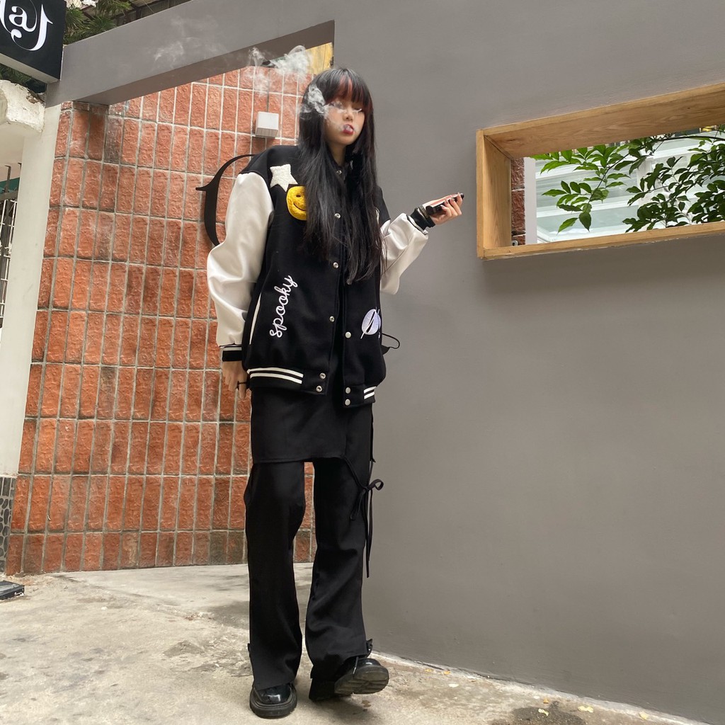 Áo Khoác Dạ Đen Phối Da - Varsity Jacket | BigBuy360 - bigbuy360.vn