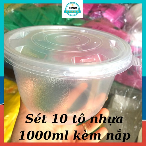 Sét 10 bát nhựa trắng trong 1000ml  đựng thực phẩm, bát nhựa 1 lần LINHMART
