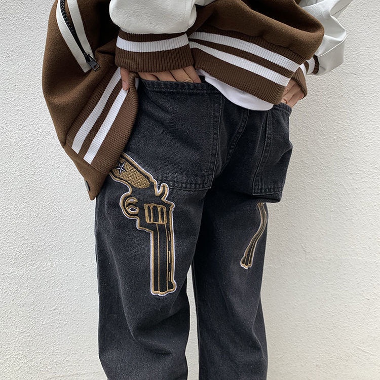 Quần jean ống rộng unisex họa tiết thêu sung lục phong cách đường phố