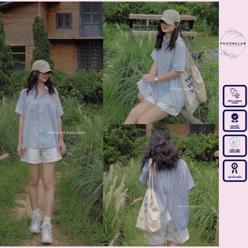 Set quần áo  Set áo sơ mi kẻ xanh quần sooc kaki trắng tiểu thư bánh bèo Ulzzang PHULA