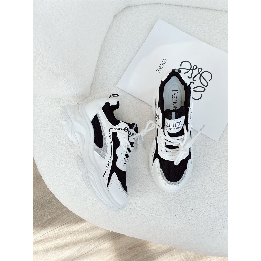 Giày Thể Thao Nữ, Sneaker Độn Đế Da Mềm Phối Lưới Kiểu Dáng Thể Thao Hotrend 2022 nhẹ êm năng động