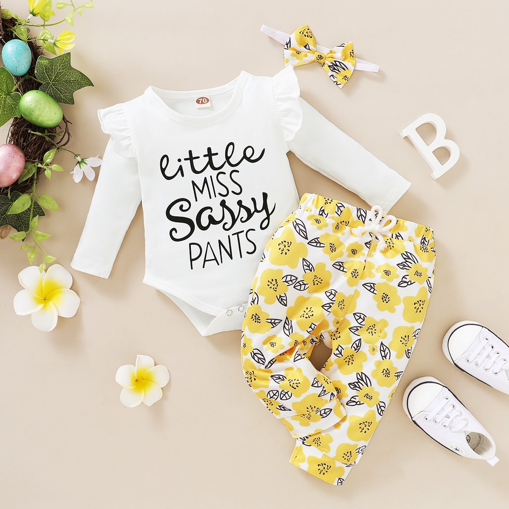 Bộ trang phục 3 món MIKRDOO áo liền thân cotton tay dài in chữ cái quần in hoa và băng đô mùa thu cho bé gái sơ sinh