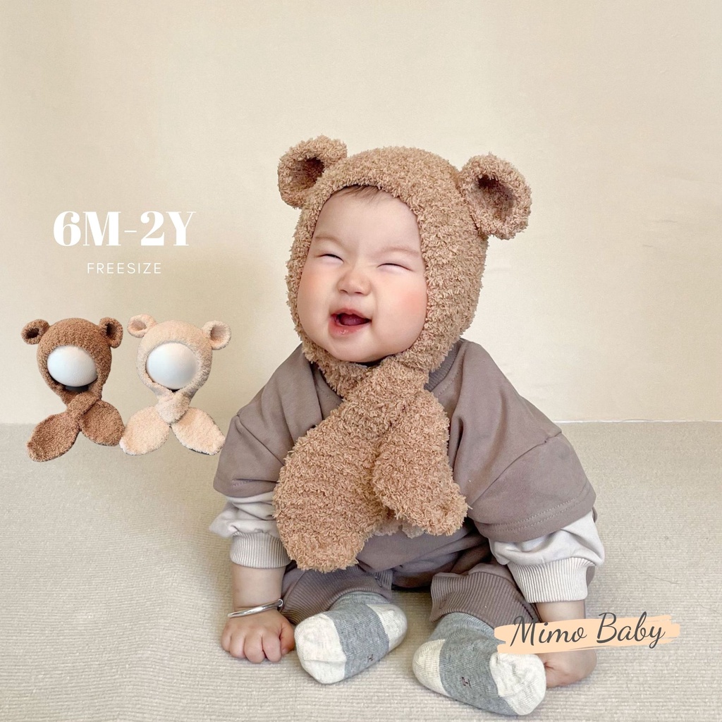 Mũ len tai gấu liền khăn lông xù mềm mại dễ thương cho bé Mimo baby ML52