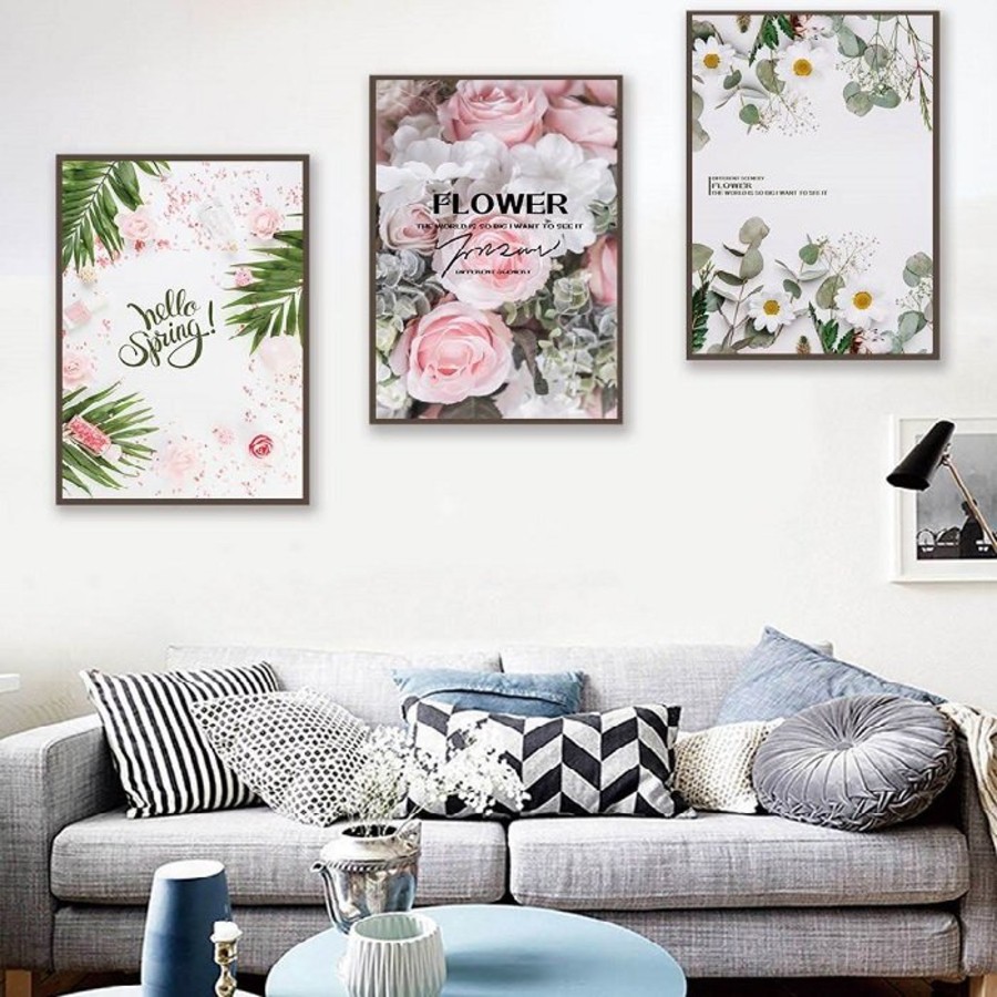 Bộ 3 tấm tranh canvas treo tường Lala chủ đề hoa nghệ thuật trang trí phòng ngủ kèm đinh 3 chân đa năng