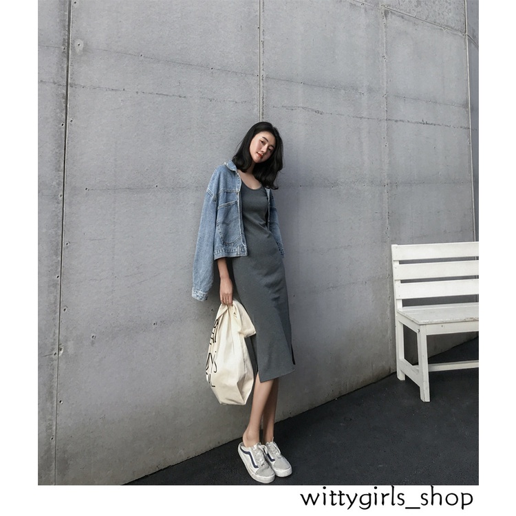 Wittygirls-đầm Dài Hai Dây Xẻ Tà Bên Ngoài Cửa Hàng_Mid Thời Trang Mùa Hè Cho Nữ