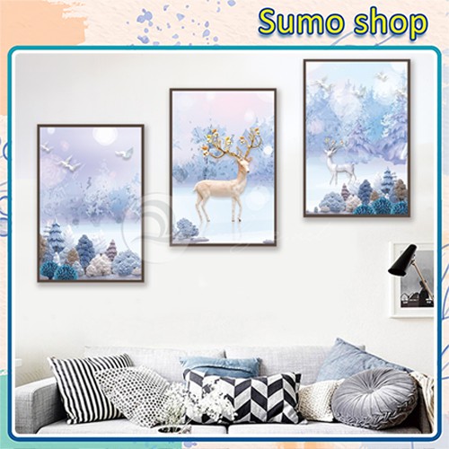 Bộ 3 bức tranh nai treo tường phú quý tráng gương/ Tranh phòng khách canvas tráng gương | WebRaoVat - webraovat.net.vn