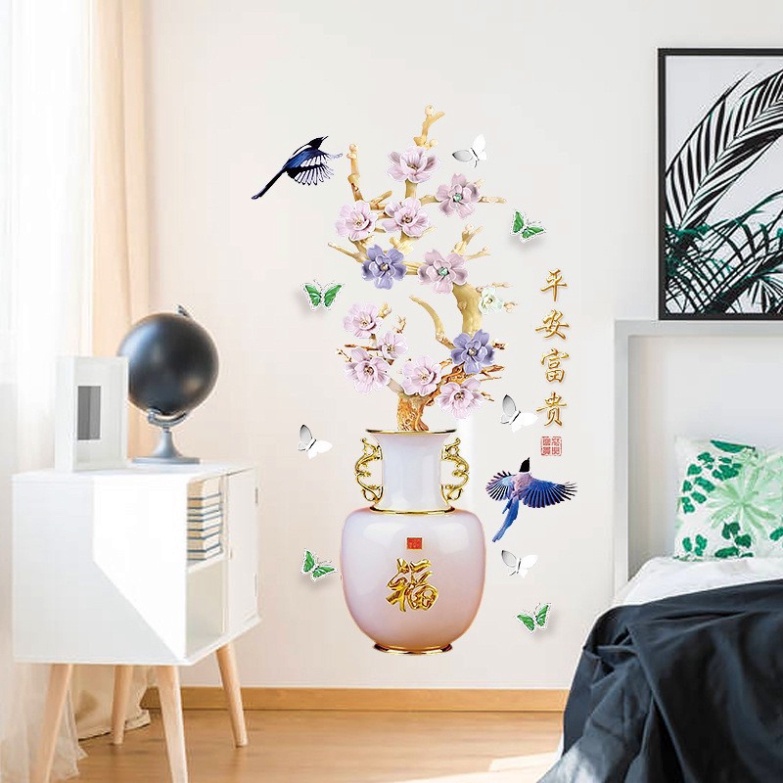 Decal Dán Tường 3D Tranh Decor Trang Trí Nhà Bình Hoa Sang Trọng Khổ Lớn