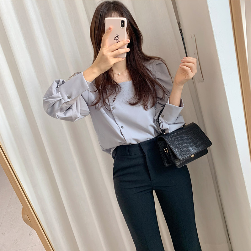 Autumn New Style Korean Square Neck Long Sleeve Shirt Gray / Wholesale / comfortable fabric /