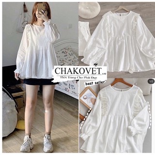 Áo ulzzang nữ trắng viền bèo tay bồng cka809, kiểu áo babydoll cổ tròn mới mang phong cách tiểu thư điệu đà