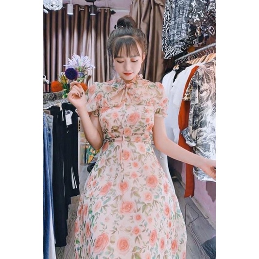 Đầm voan hoa tiểu thư cổ cột nơ dáng xoè dài qua gối