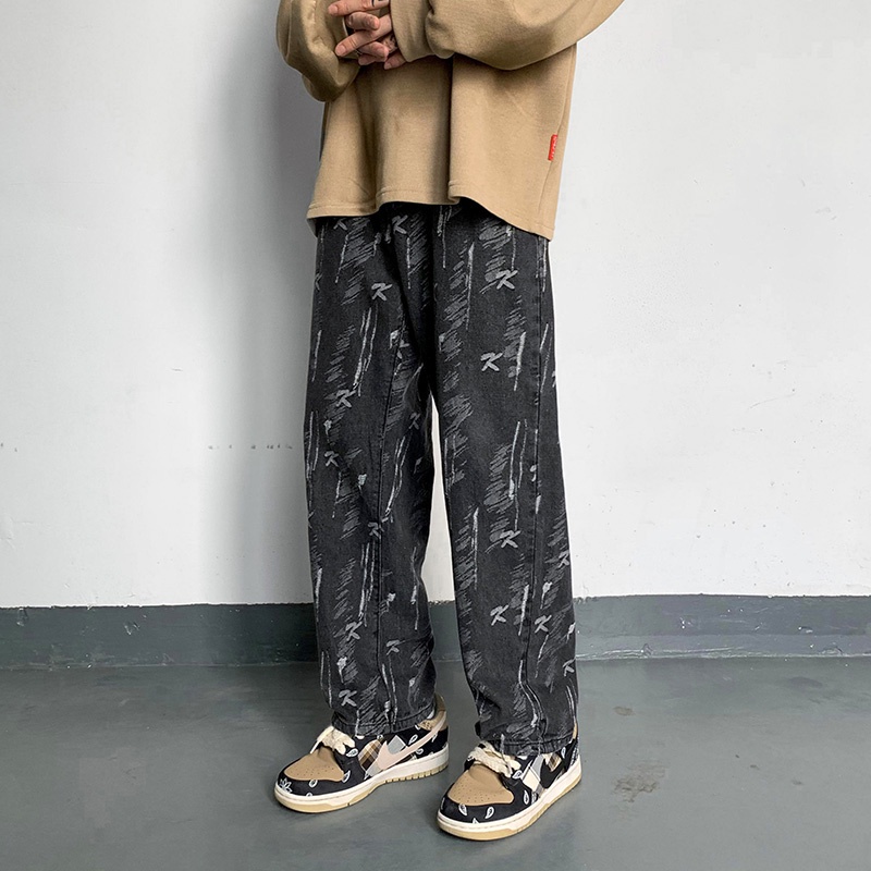 Quần Jean Dài Dáng Rộng Ống Suông In Họa Tiết Phong Cách Hiphop Mỹ Hàn Cá Tính Cho Bạn Nam
