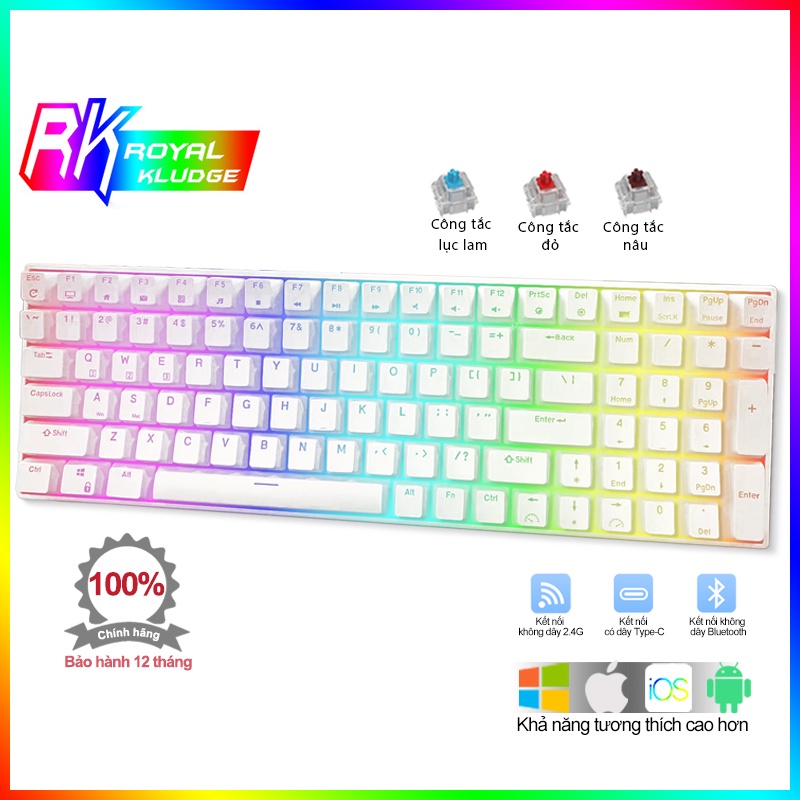 Bàn phím cơ ba chế độ RK84 trục trao đổi nóng Bluetooth không dây 2.4G đèn nền RGB có thể sạc lại máy tính di động