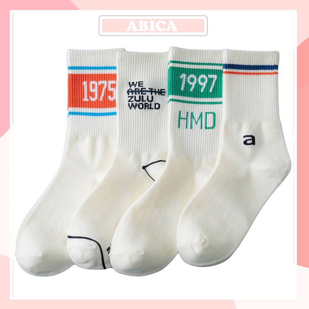 Tất cổ cao Unisex vớ chân dài in họa tiết thể thao dành cho nam nữ chất cotton Hàn dày dặn thời trang thu hè ABICA TD028