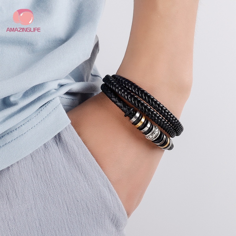 [Amazinglife] Vòng Tay Da Bện Thủ Công Nhiều Lớp / Vòng Đeo Tay Khóa Nam Châm Cổ Điển Thời Trang Cho Nam