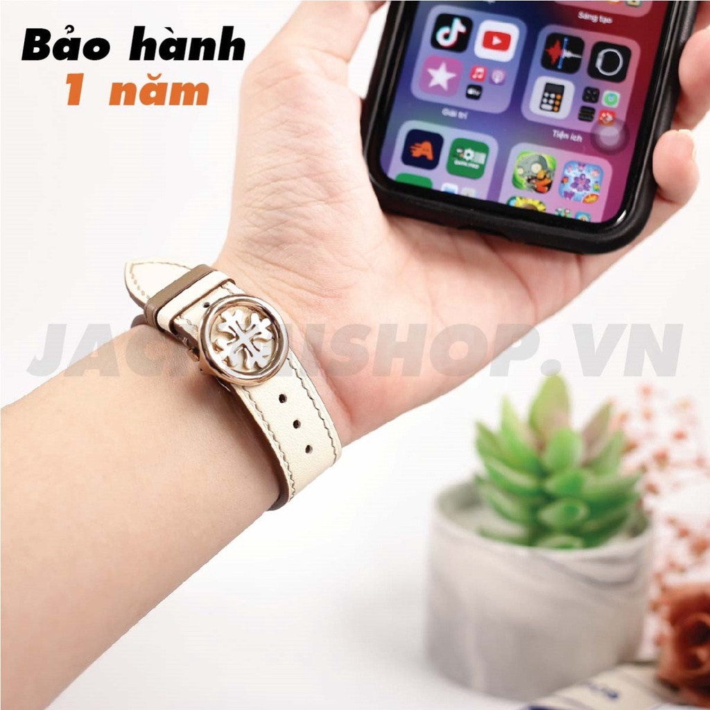 [DÂY DA THẬT] DÂY DA BÊ SWIFT MAY TAY THỦ CÔNG MÀU KEM CHỈ NÂU KHÓA PATEK CHO APPLE WATCH SERIES 1=&gt;6 (BẢO HÀNH 1 NĂM)