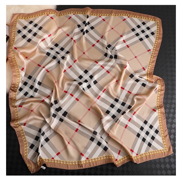 Khăn choàng lụa vuông kẻ caro và in hoa văn dây xích size 90x90cm - Maben