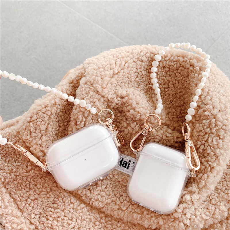 Vỏ Bảo Vệ Hộp Sạc Tai Nghe Airpods 1 / 2 / Pro Đính Ngọc Trai Tự Nhiên Kèm Dây Đeo Sợi Xích