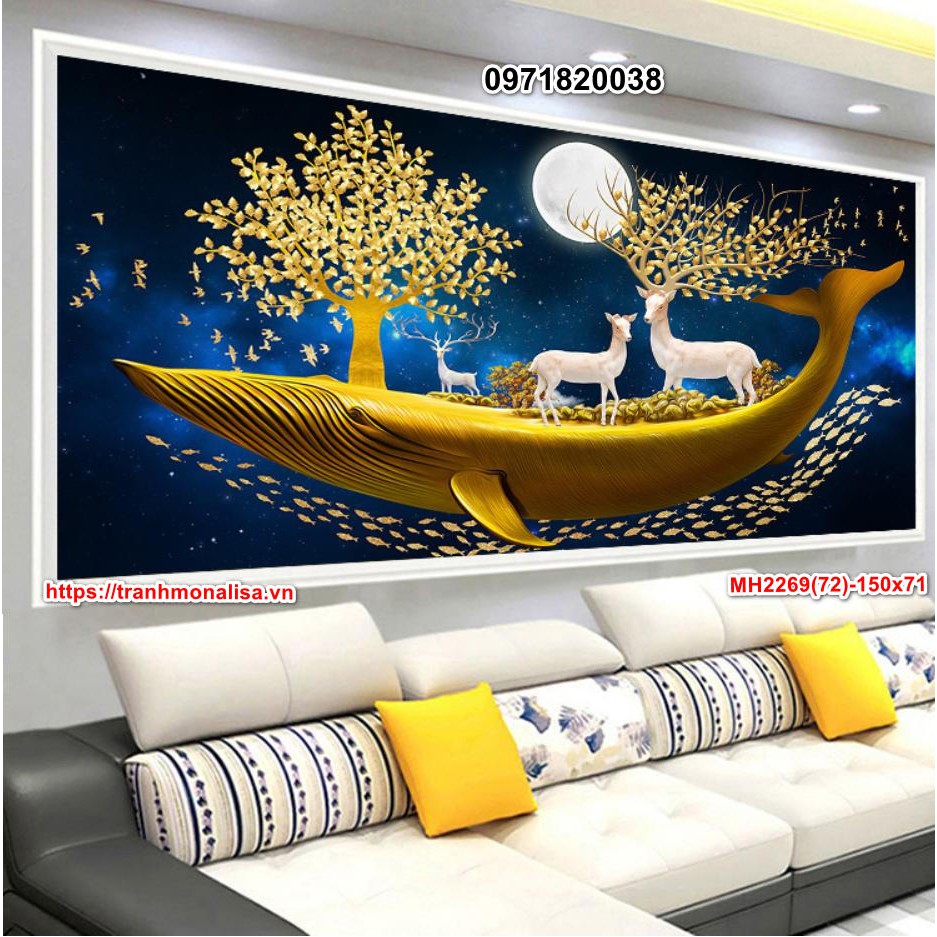 [MH2269] Tranh thêu kín Con thuyền trở đầy tài lộc Hươu Thần Tài kích thước 150x70cm