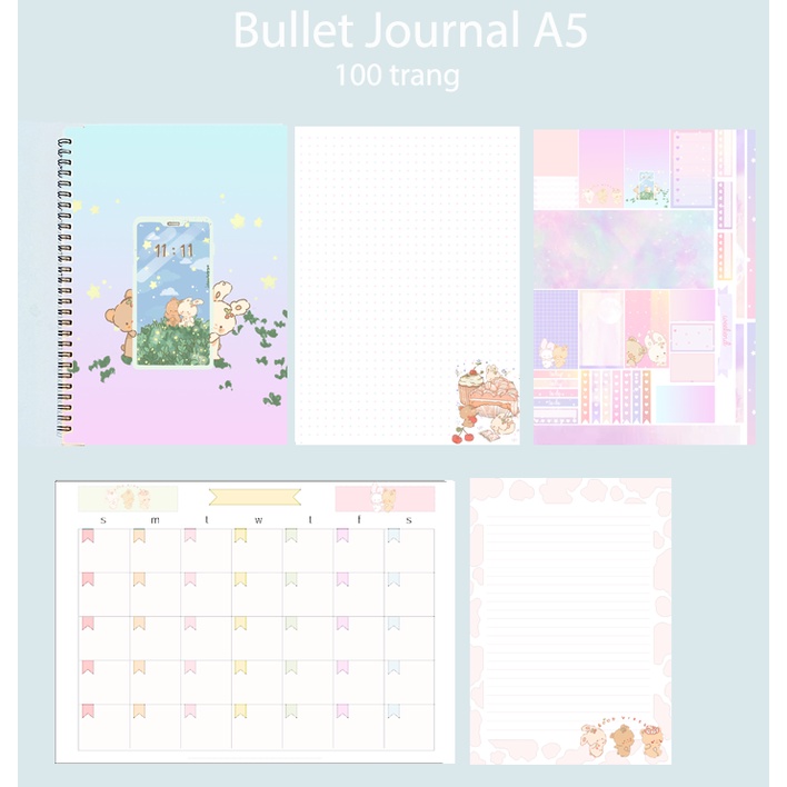 Sổ bullet journal gấu thỏ cherry SBJ44 A5 100 trang 160gsm chấm kẻ ngang