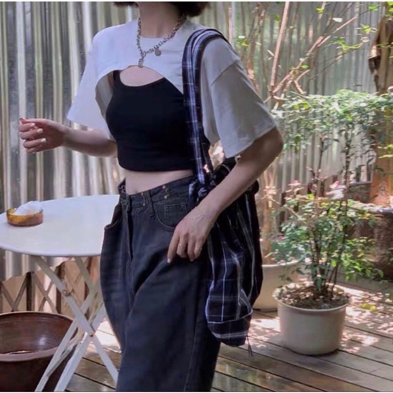 Sét Áo Thun Croptop 2 Món Áo Ngoài+ Áo Trong Mặc Được 2 Kiểu Chất Bozip Dầy Mịn Hot Hit